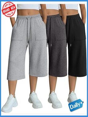 Capri Sweatpants Wide Leg Drawstring Lounge Yoga Pants with Pockets 3 Pack